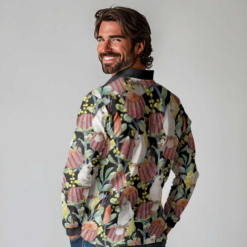 Little Corella Australia Cockatoo Long Sleeve Polo Shirt Cacatua Sanguinea Banksia Seamless Black - Aussie Hoodie