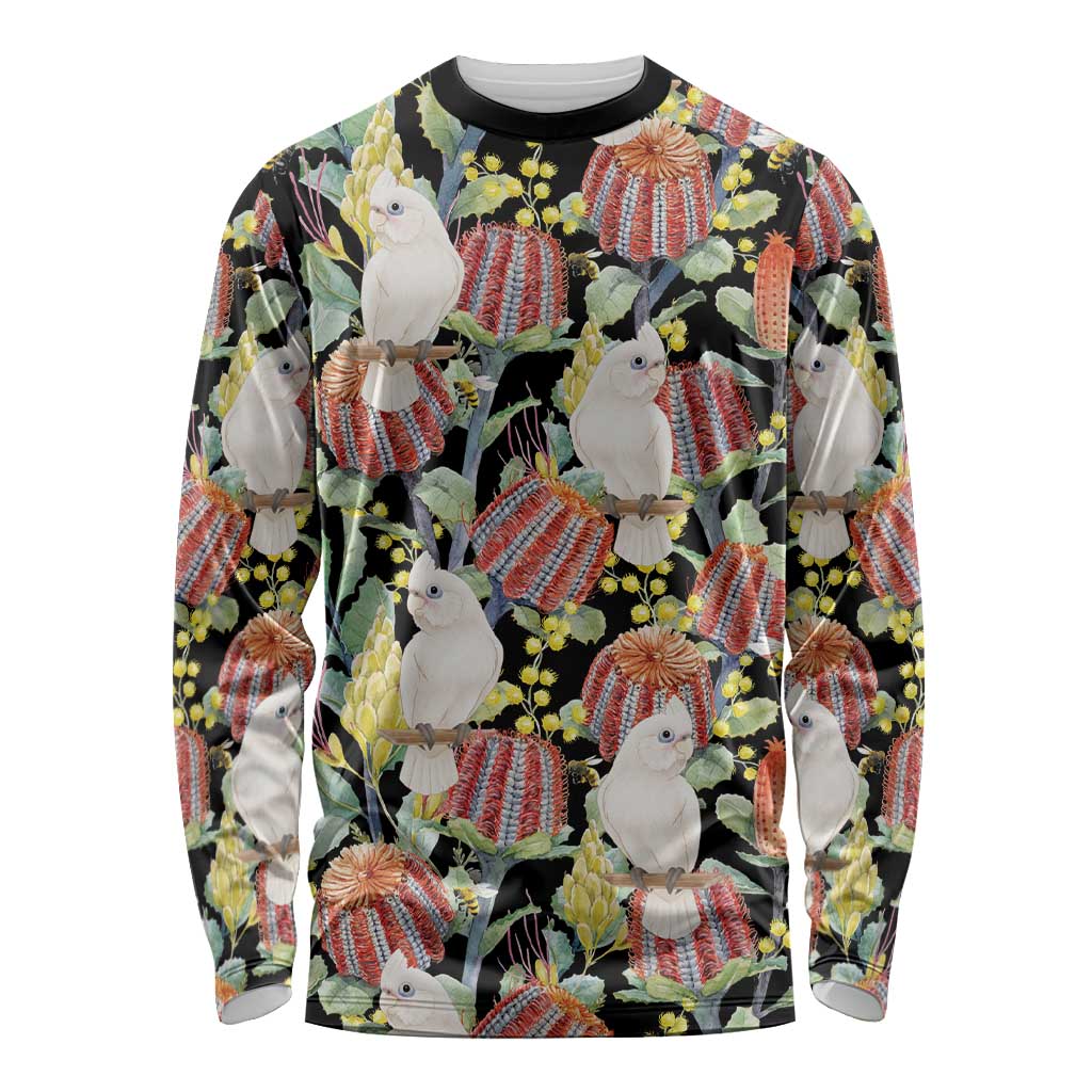 Little Corella Australia Cockatoo Long Sleeve Shirt Cacatua Sanguinea Banksia Seamless Black - Aussie Hoodie