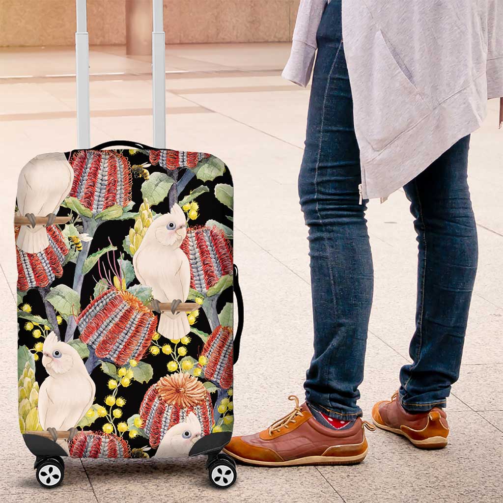 Little Corella Australia Cockatoo Luggage Cover Cacatua Sanguinea Banksia Seamless Black - Aussie Hoodie