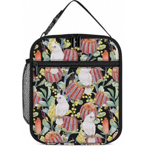 Little Corella Australia Cockatoo Lunch Bag Cacatua Sanguinea Banksia Seamless Black