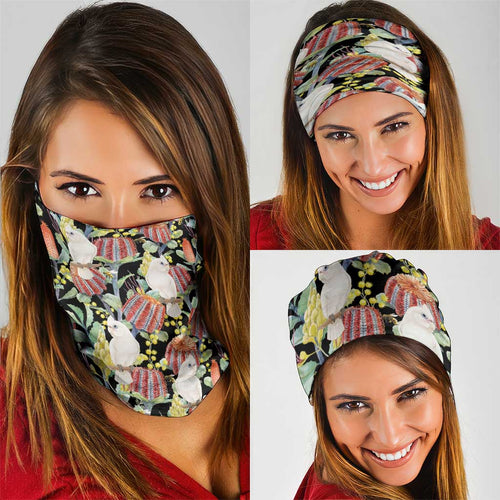 Little Corella Australia Cockatoo Neck Gaiter Cacatua Sanguinea Banksia Seamless Black - Aussie Hoodie