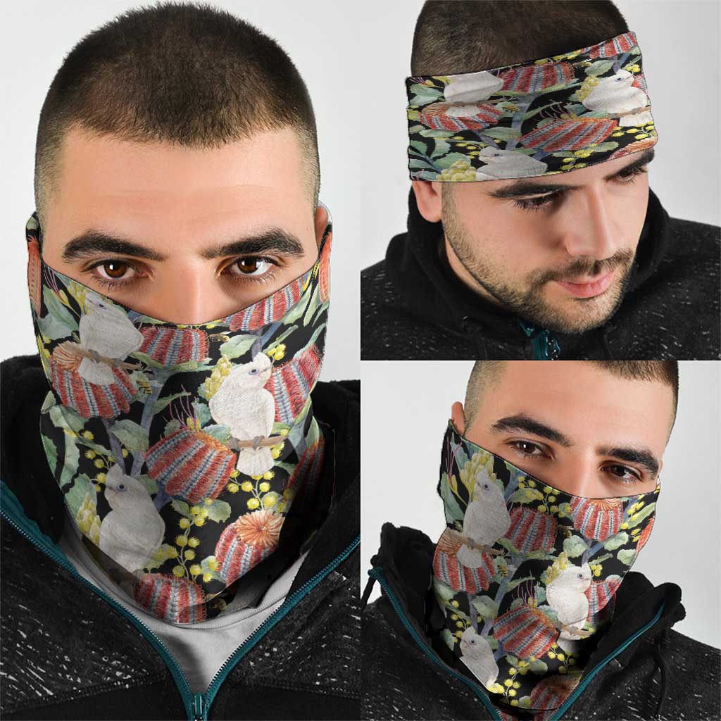 Little Corella Australia Cockatoo Neck Gaiter Cacatua Sanguinea Banksia Seamless Black - Aussie Hoodie