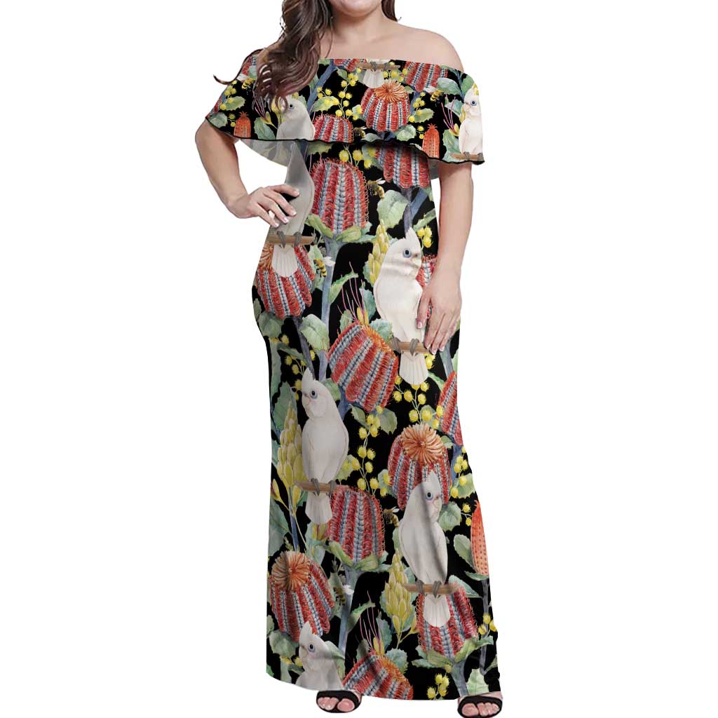 Little Corella Australia Cockatoo Off Shoulder Maxi Dress Cacatua Sanguinea Banksia Seamless Black - Aussie Hoodie