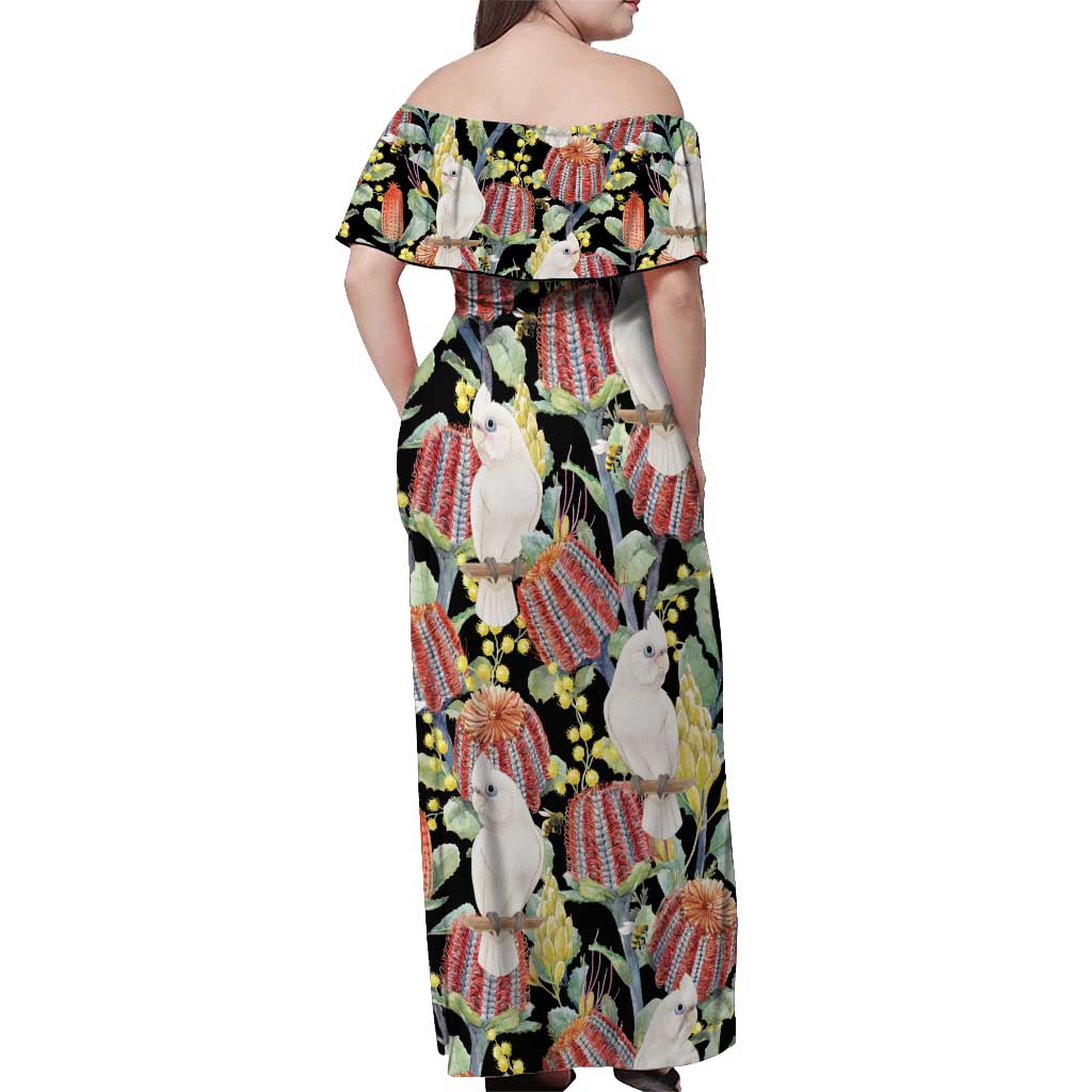 Little Corella Australia Cockatoo Off Shoulder Maxi Dress Cacatua Sanguinea Banksia Seamless Black - Aussie Hoodie