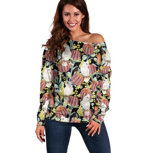Little Corella Australia Cockatoo Off Shoulder Sweater Cacatua Sanguinea Banksia Seamless Black - Aussie Hoodie