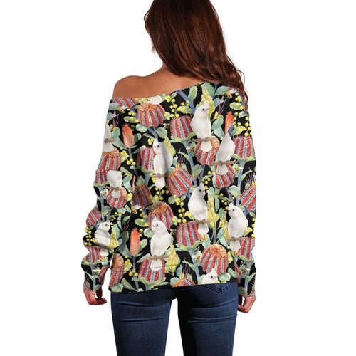 Little Corella Australia Cockatoo Off Shoulder Sweater Cacatua Sanguinea Banksia Seamless Black - Aussie Hoodie