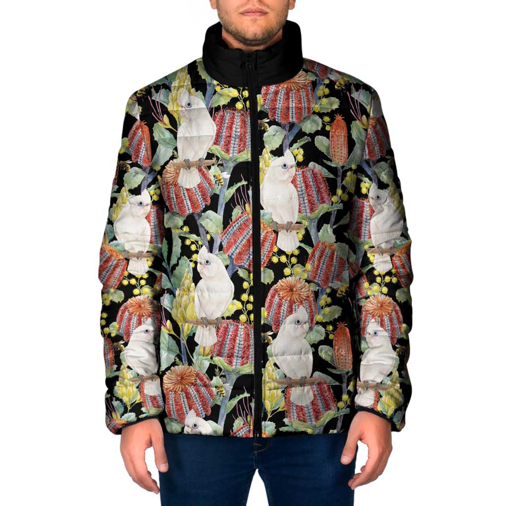 Little Corella Australia Cockatoo Padded Jacket Cacatua Sanguinea Banksia Seamless Black - Aussie Hoodie