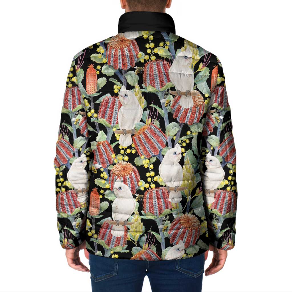 Little Corella Australia Cockatoo Padded Jacket Cacatua Sanguinea Banksia Seamless Black - Aussie Hoodie