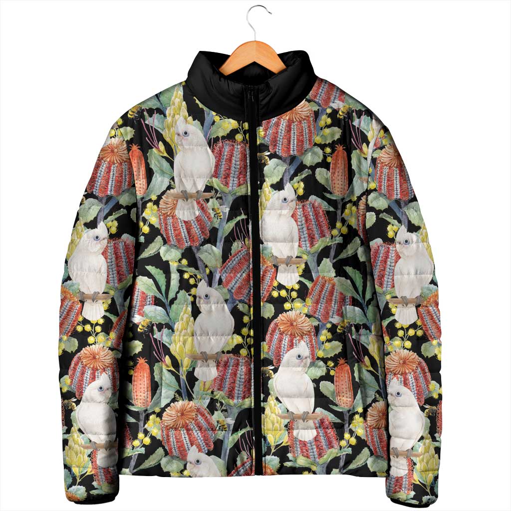 Little Corella Australia Cockatoo Padded Jacket Cacatua Sanguinea Banksia Seamless Black - Aussie Hoodie