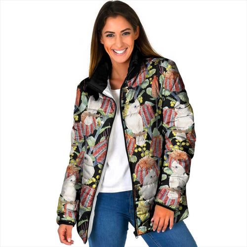 Little Corella Australia Cockatoo Padded Jacket Cacatua Sanguinea Banksia Seamless Black - Aussie Hoodie
