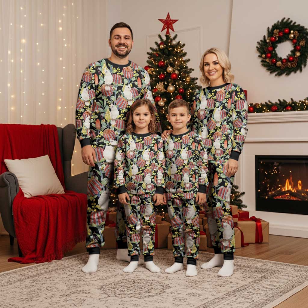 Little Corella Australia Cockatoo Christmas Pajama Set Cacatua Sanguinea Banksia Seamless Black - Aussie Hoodie
