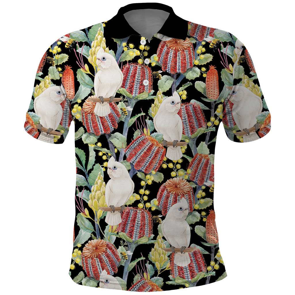 Little Corella Australia Cockatoo Polo Shirt Cacatua Sanguinea Banksia Seamless Black - Aussie Hoodie