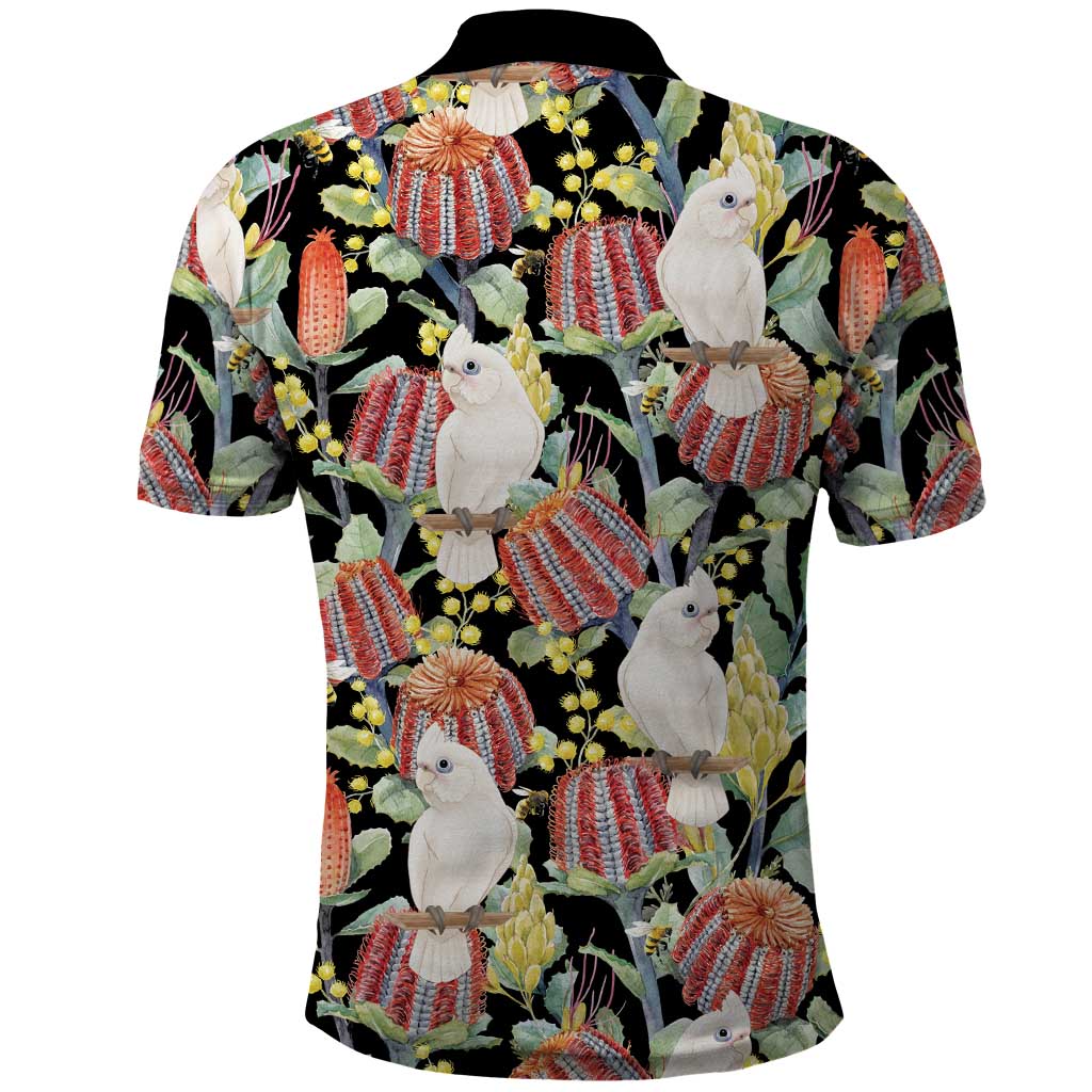 Little Corella Australia Cockatoo Polo Shirt Cacatua Sanguinea Banksia Seamless Black - Aussie Hoodie
