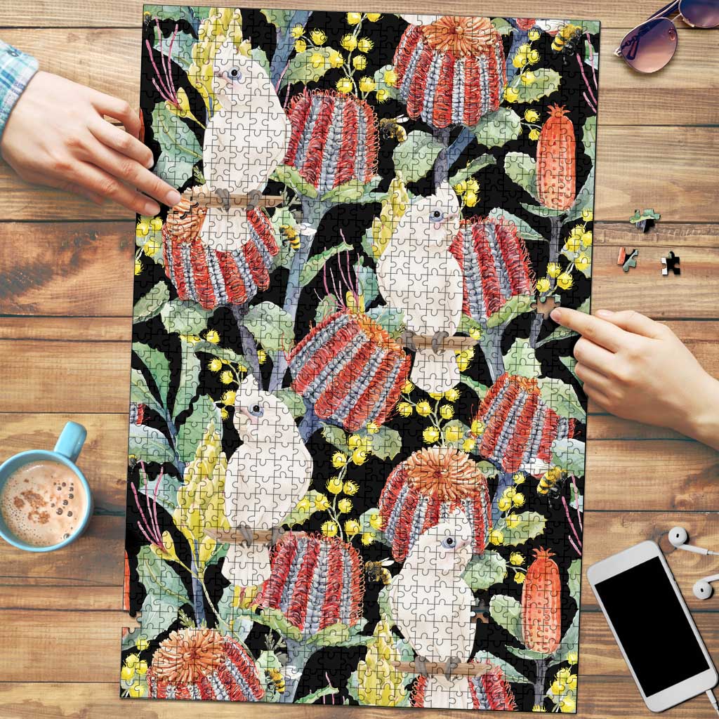 Little Corella Australia Cockatoo Puzzle Cacatua Sanguinea Banksia Seamless Black - Aussie Hoodie