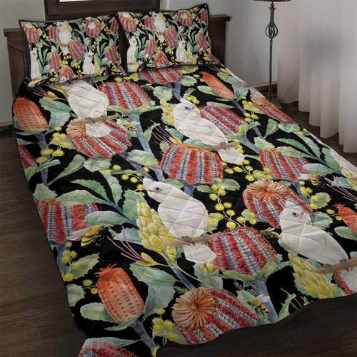 Little Corella Australia Cockatoo Quilt Bed Set Cacatua Sanguinea Banksia Seamless Black - Aussie Hoodie