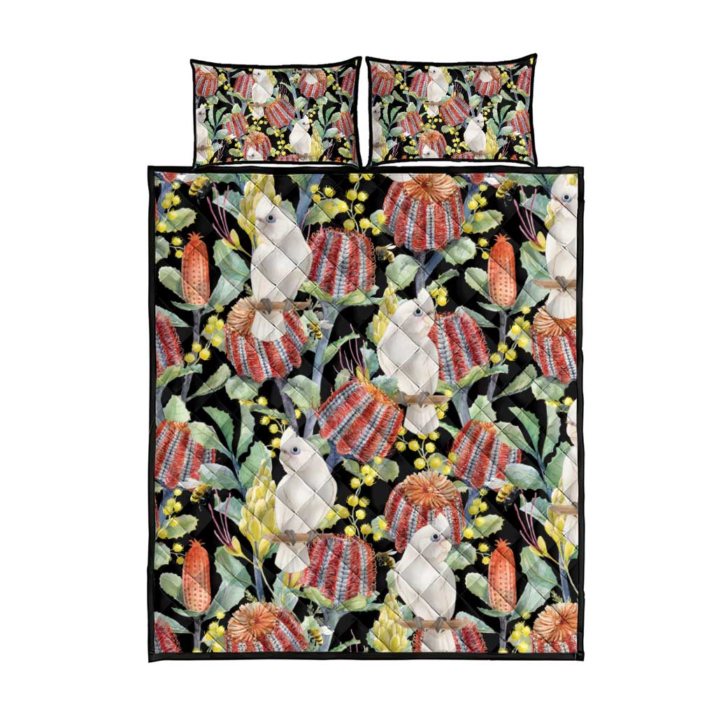 Little Corella Australia Cockatoo Quilt Bed Set Cacatua Sanguinea Banksia Seamless Black - Aussie Hoodie