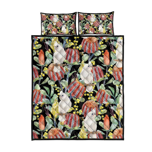 Little Corella Australia Cockatoo Quilt Bed Set Cacatua Sanguinea Banksia Seamless Black - Aussie Hoodie