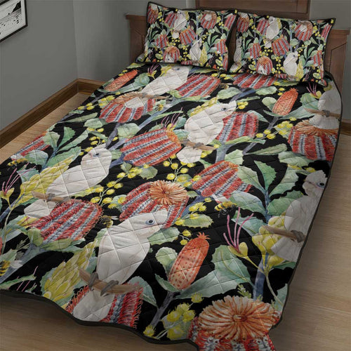 Little Corella Australia Cockatoo Quilt Bed Set Cacatua Sanguinea Banksia Seamless Black - Aussie Hoodie