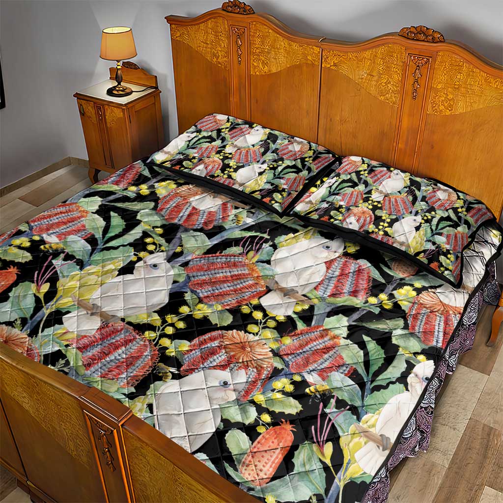 Little Corella Australia Cockatoo Quilt Bed Set Cacatua Sanguinea Banksia Seamless Black - Aussie Hoodie