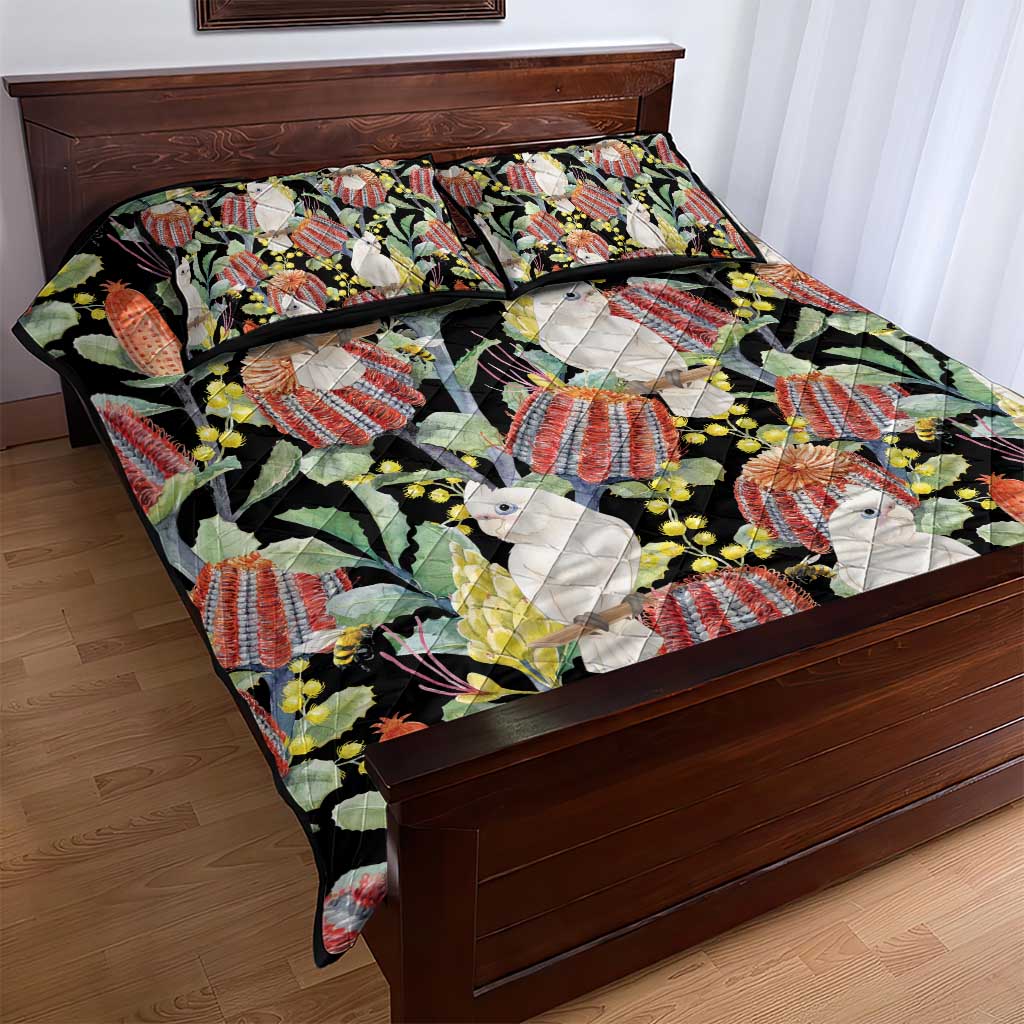 Little Corella Australia Cockatoo Quilt Bed Set Cacatua Sanguinea Banksia Seamless Black - Aussie Hoodie