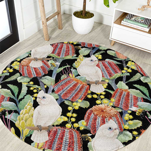 Little Corella Australia Cockatoo Round Carpet Cacatua Sanguinea Banksia Seamless Black - Aussie Hoodie