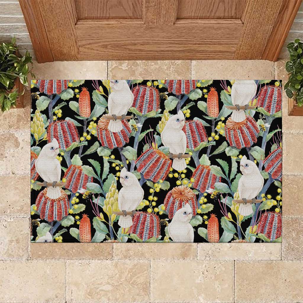 Little Corella Australia Cockatoo Rubber Doormat Cacatua Sanguinea Banksia Seamless Black - Aussie Hoodie