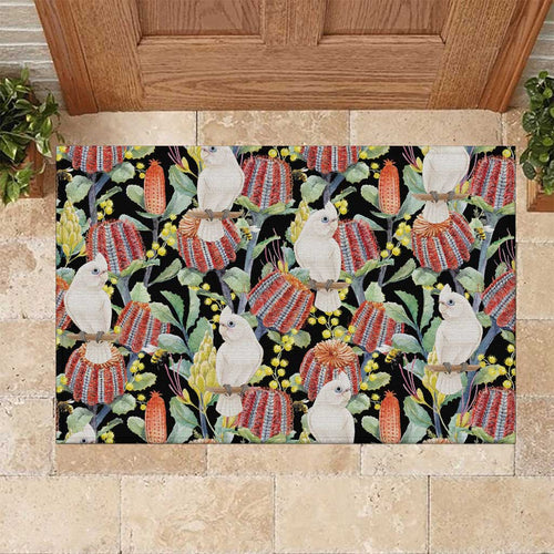 Little Corella Australia Cockatoo Rubber Doormat Cacatua Sanguinea Banksia Seamless Black - Aussie Hoodie