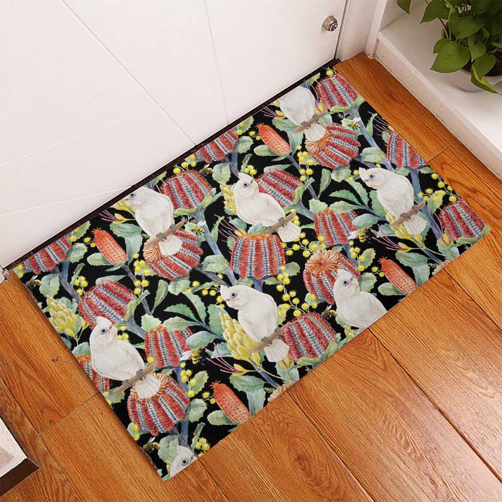 Little Corella Australia Cockatoo Rubber Doormat Cacatua Sanguinea Banksia Seamless Black - Aussie Hoodie