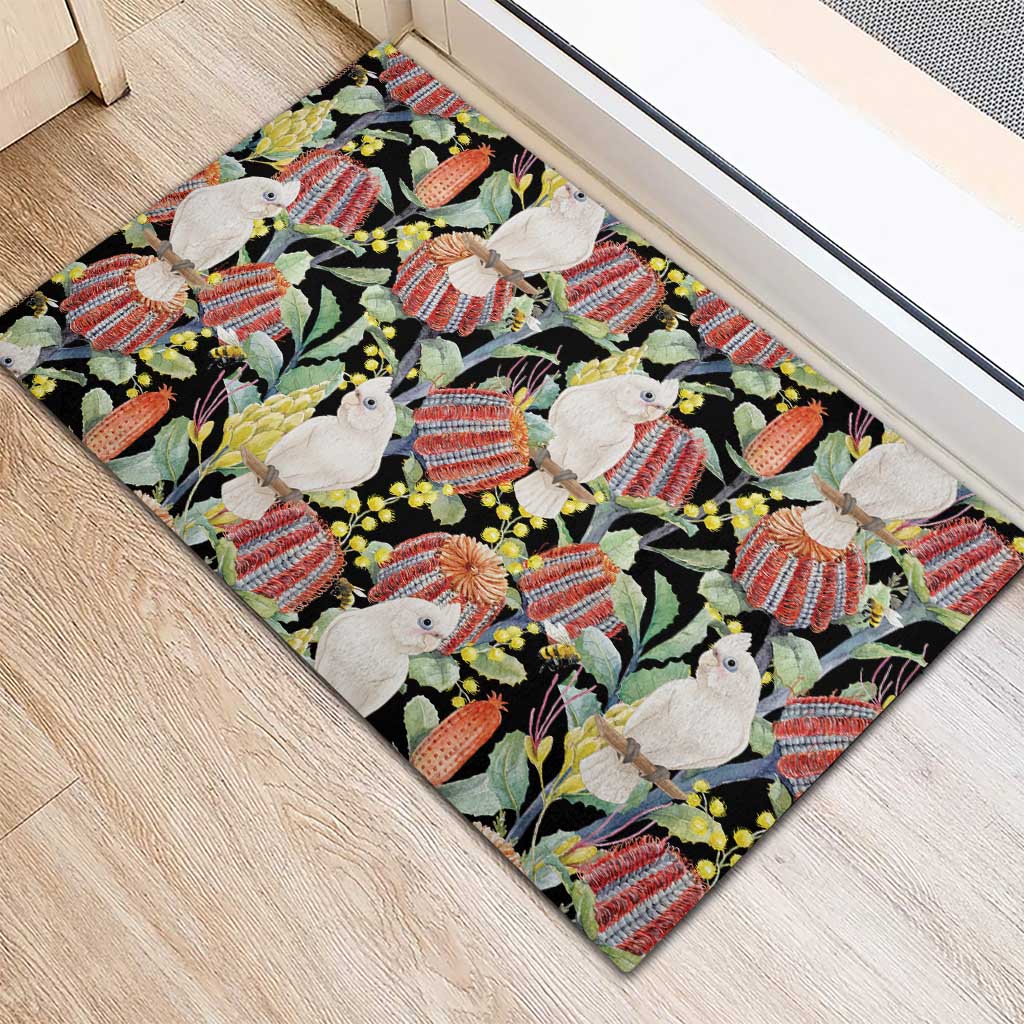 Little Corella Australia Cockatoo Rubber Doormat Cacatua Sanguinea Banksia Seamless Black - Aussie Hoodie