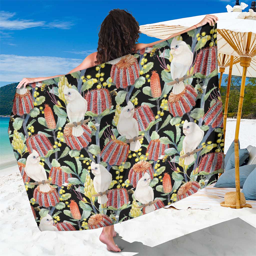 Little Corella Australia Cockatoo Sarong Cacatua Sanguinea Banksia Seamless Black - Aussie Hoodie