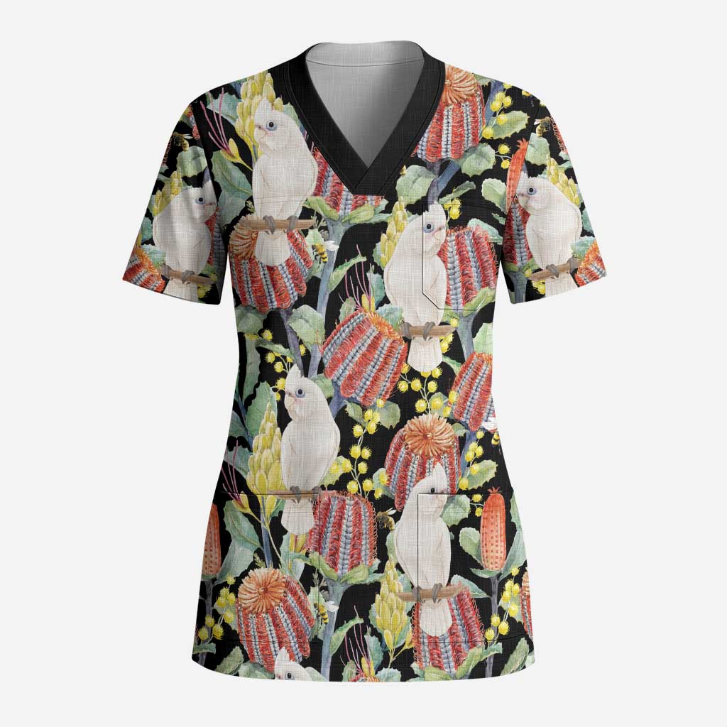 Little Corella Australia Cockatoo Scrub Top Cacatua Sanguinea Banksia Seamless Black - Aussie Hoodie