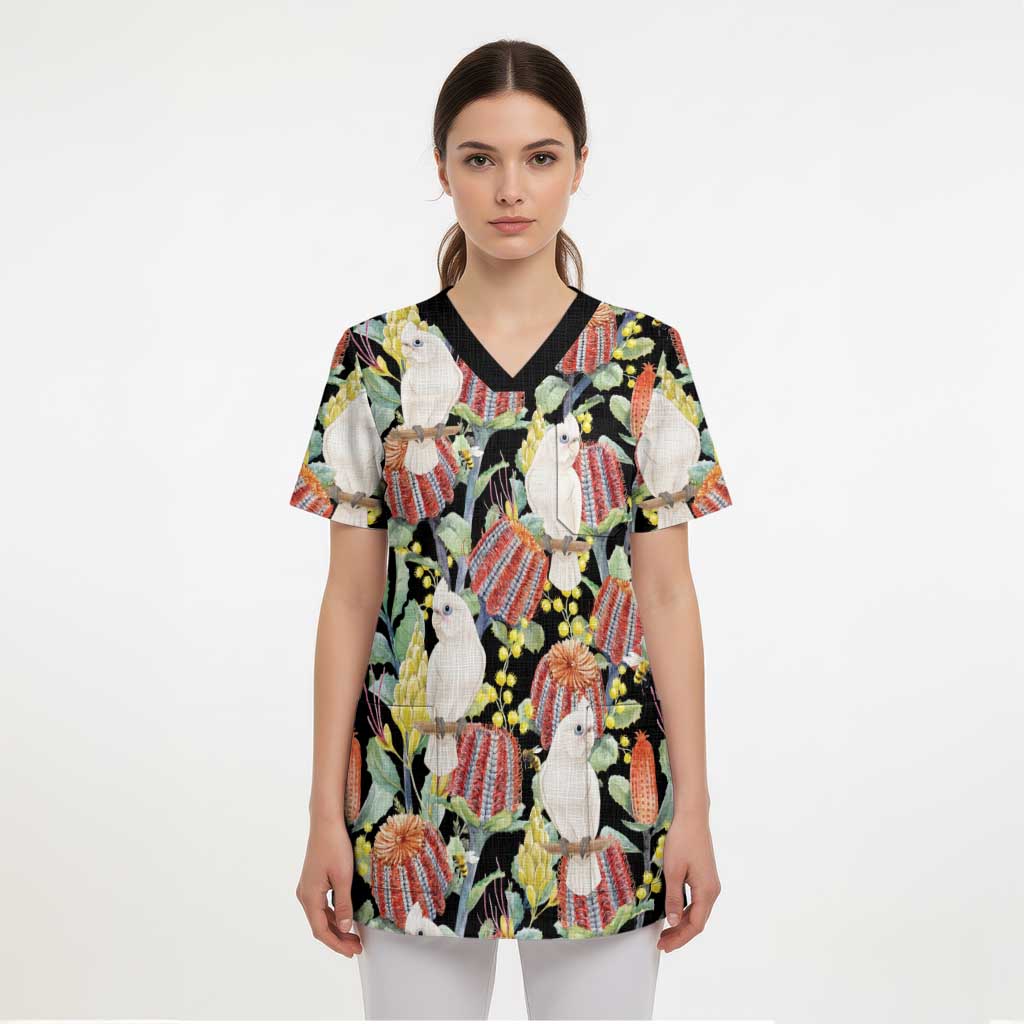 Little Corella Australia Cockatoo Scrub Top Cacatua Sanguinea Banksia Seamless Black - Aussie Hoodie