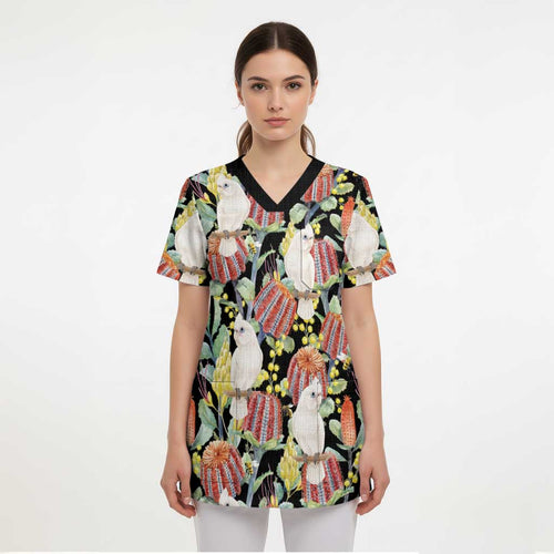 Little Corella Australia Cockatoo Scrub Top Cacatua Sanguinea Banksia Seamless Black - Aussie Hoodie