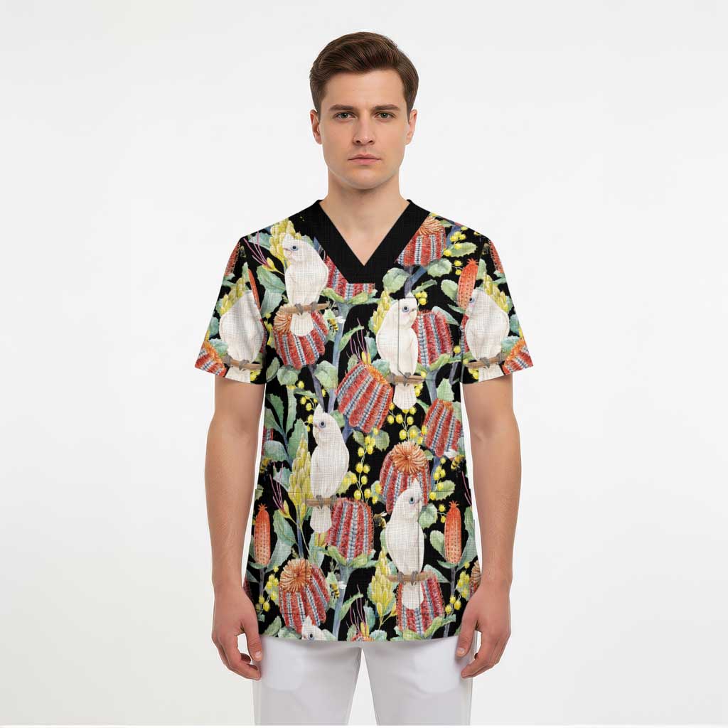 Little Corella Australia Cockatoo Scrub Top Cacatua Sanguinea Banksia Seamless Black - Aussie Hoodie