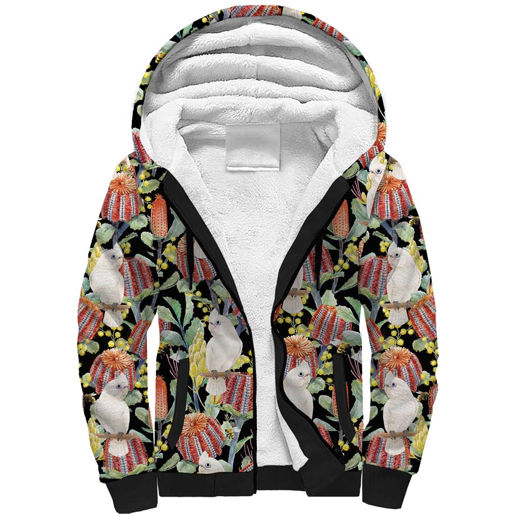 Little Corella Australia Cockatoo Sherpa Hoodie Cacatua Sanguinea Banksia Seamless Black - Aussie Hoodie