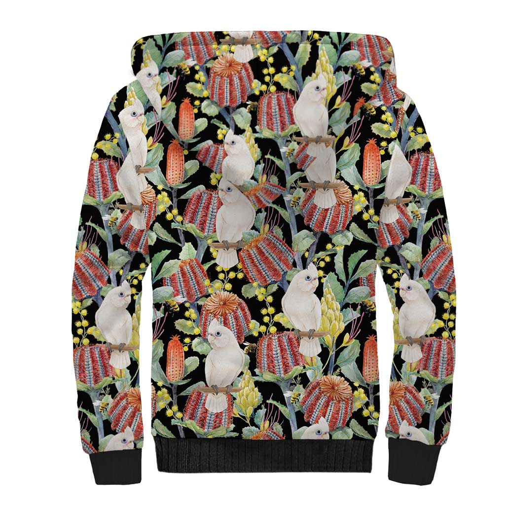 Little Corella Australia Cockatoo Sherpa Hoodie Cacatua Sanguinea Banksia Seamless Black - Aussie Hoodie