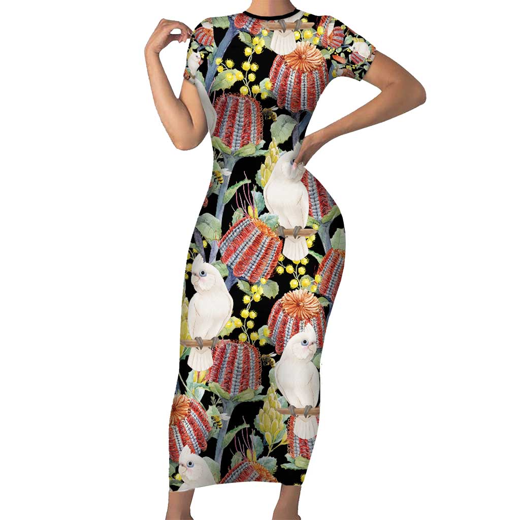 Little Corella Australia Cockatoo Short Sleeve Bodycon Dress Cacatua Sanguinea Banksia Seamless Black - Aussie Hoodie