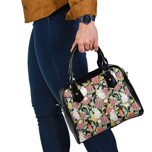 Little Corella Australia Cockatoo Shoulder Handbag Cacatua Sanguinea Banksia Seamless Black - Aussie Hoodie