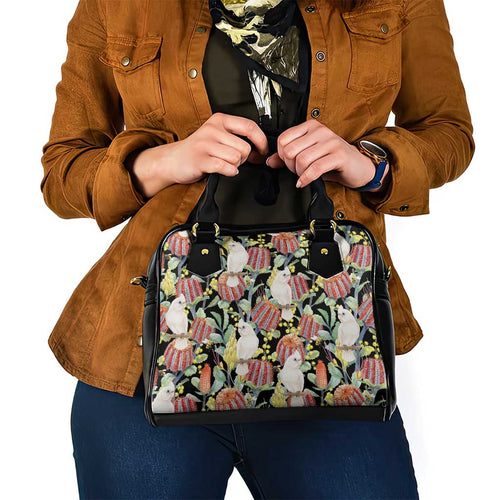 Little Corella Australia Cockatoo Shoulder Handbag Cacatua Sanguinea Banksia Seamless Black - Aussie Hoodie