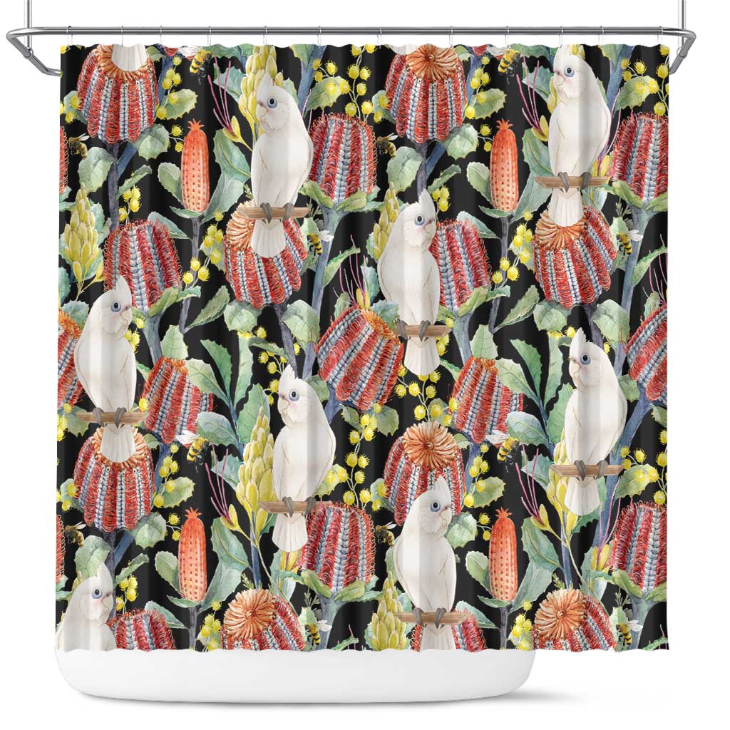 Little Corella Australia Cockatoo Shower Curtain Cacatua Sanguinea Banksia Seamless Black - Aussie Hoodie