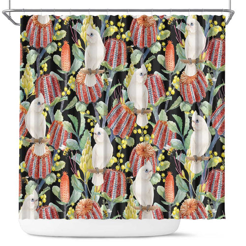 Little Corella Australia Cockatoo Shower Curtain Cacatua Sanguinea Banksia Seamless Black - Aussie Hoodie