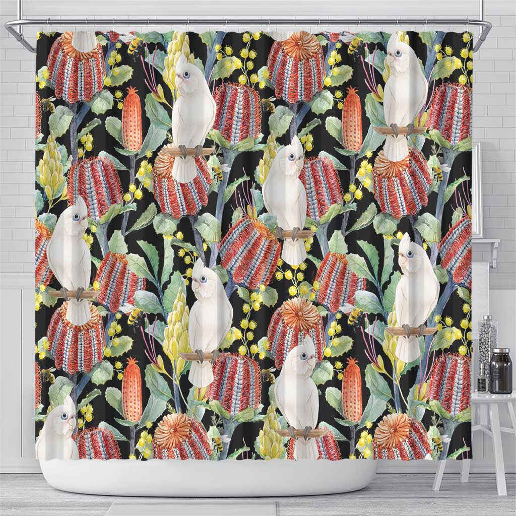 Little Corella Australia Cockatoo Shower Curtain Cacatua Sanguinea Banksia Seamless Black - Aussie Hoodie