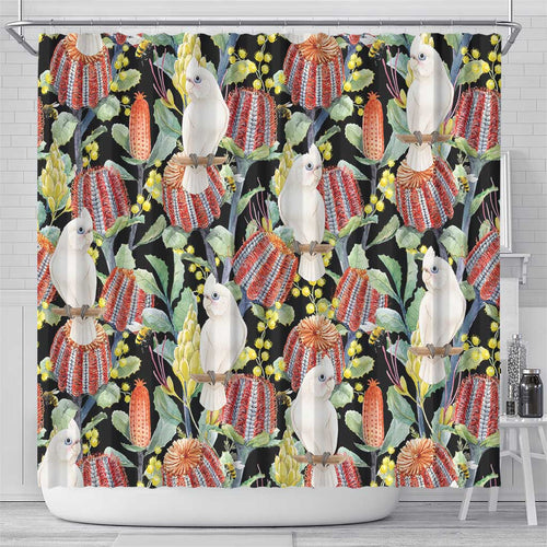 Little Corella Australia Cockatoo Shower Curtain Cacatua Sanguinea Banksia Seamless Black - Aussie Hoodie