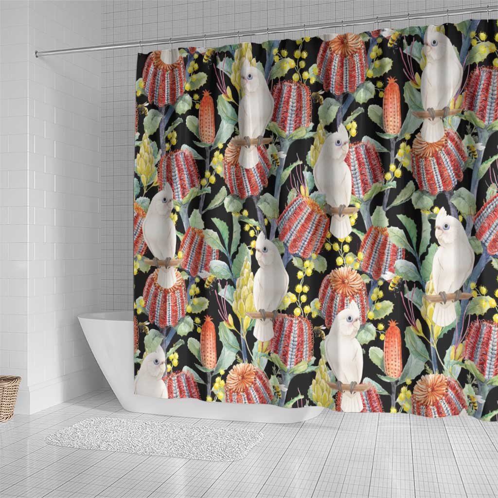 Little Corella Australia Cockatoo Shower Curtain Cacatua Sanguinea Banksia Seamless Black - Aussie Hoodie