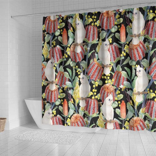 Little Corella Australia Cockatoo Shower Curtain Cacatua Sanguinea Banksia Seamless Black - Aussie Hoodie