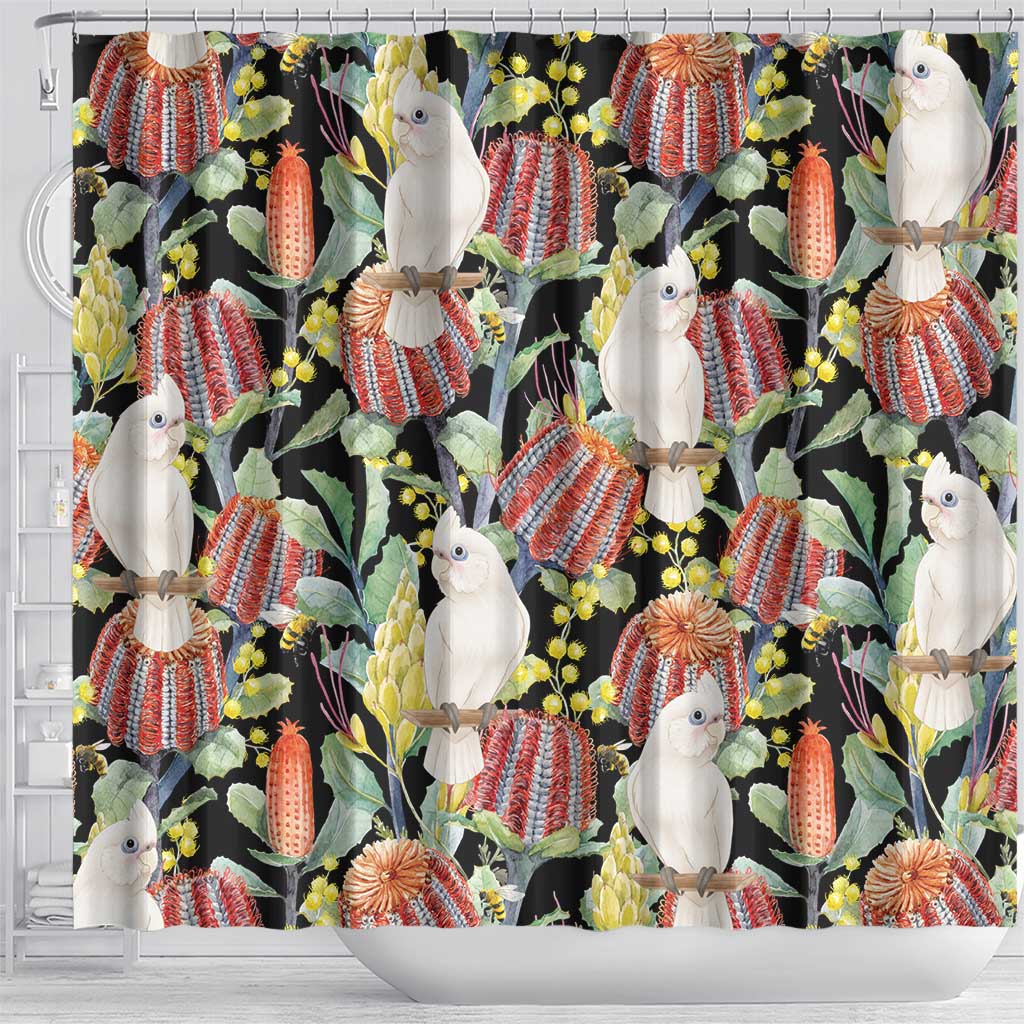 Little Corella Australia Cockatoo Shower Curtain Cacatua Sanguinea Banksia Seamless Black - Aussie Hoodie