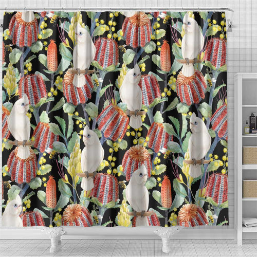 Little Corella Australia Cockatoo Shower Curtain Cacatua Sanguinea Banksia Seamless Black - Aussie Hoodie