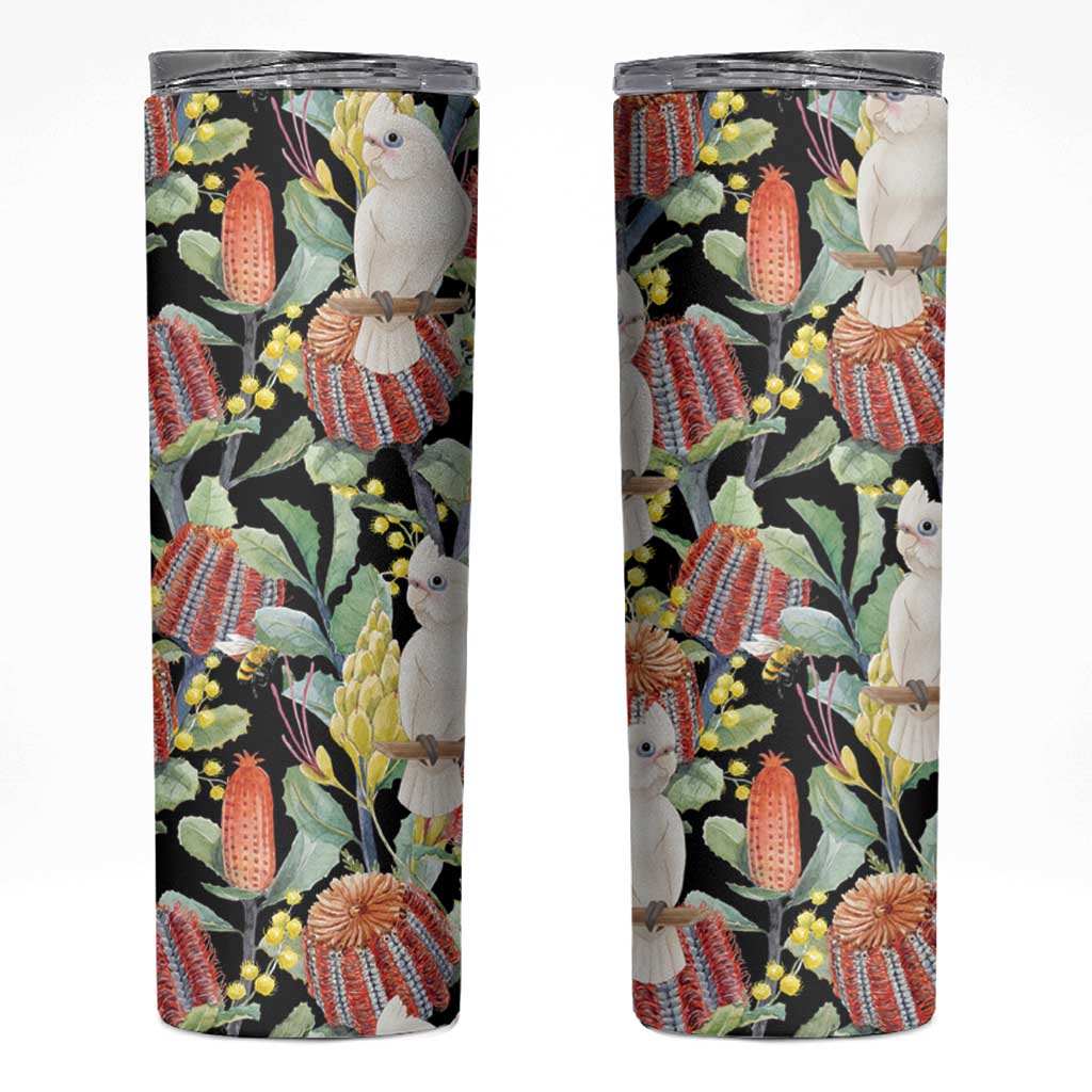 Little Corella Australia Cockatoo Skinny Tumbler Cacatua Sanguinea Banksia Seamless Black - Aussie Hoodie