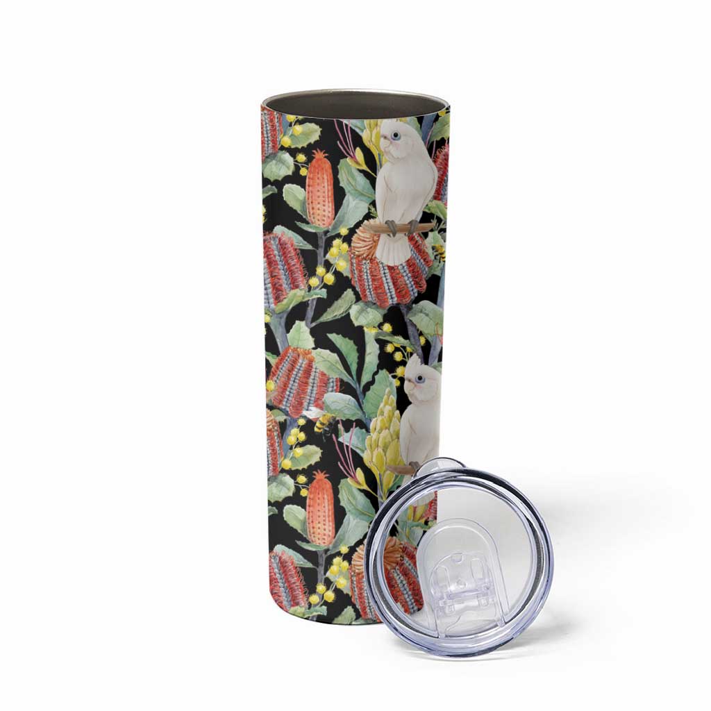 Little Corella Australia Cockatoo Skinny Tumbler Cacatua Sanguinea Banksia Seamless Black - Aussie Hoodie