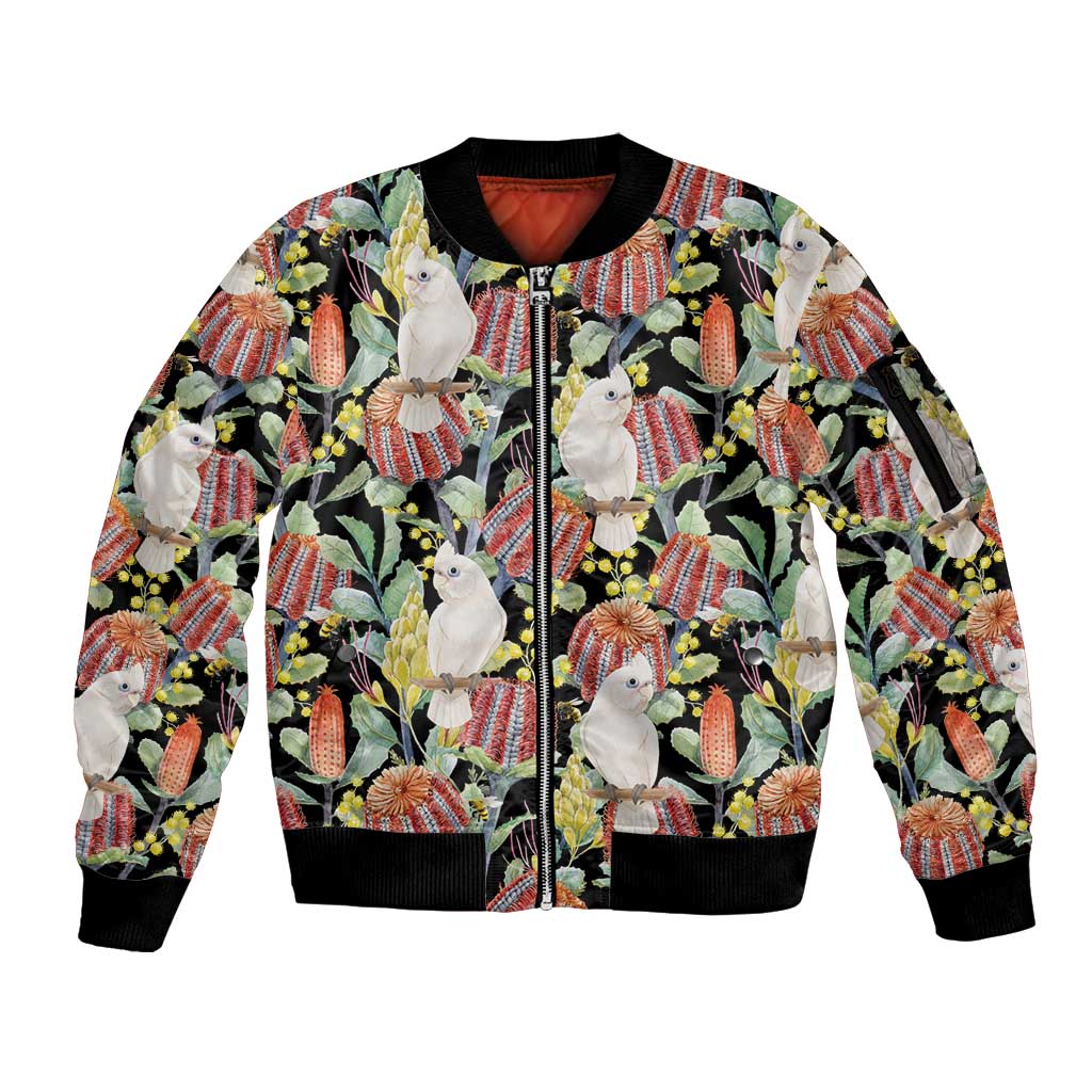 Little Corella Australia Cockatoo Sleeve Zip Bomber Jacket Cacatua Sanguinea Banksia Seamless Black - Aussie Hoodie